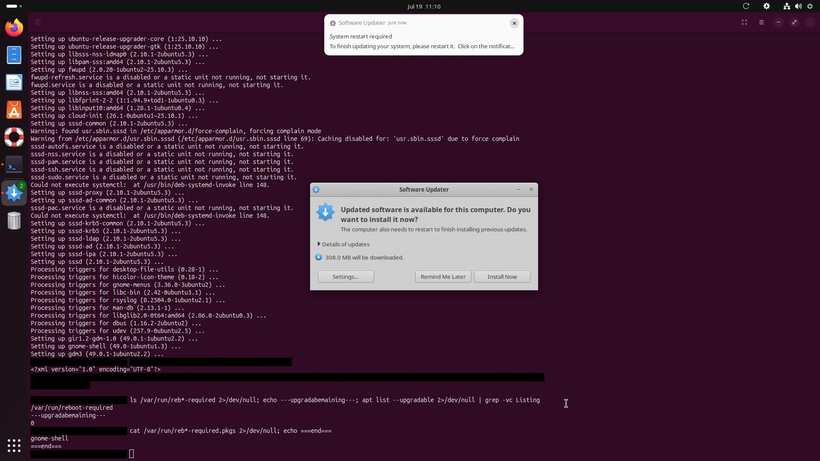 Ubuntu desktop with a terminal showing apt output and a Software Updater dialog offering Install Now with a restart warning