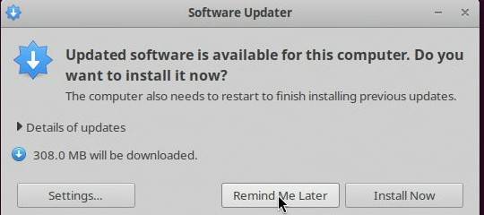 Close crop of the Software Updater dialog with the cursor hovering Remind Me Later