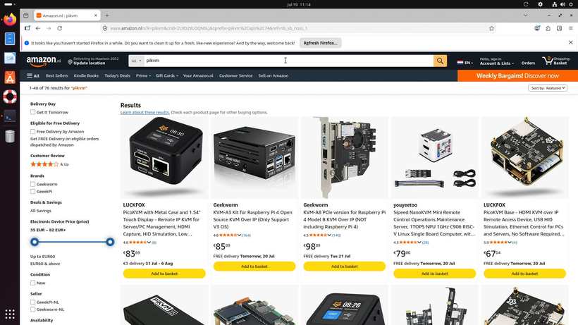 Amazon search results for pikvm showing several KVM-over-IP devices