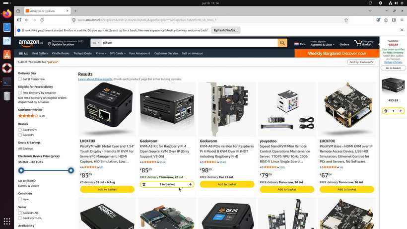 Search results after adding to basket: counter shows 1, side panel shows subtotal 85.89 euro