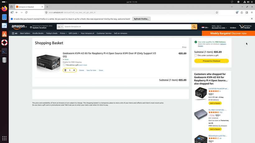 Amazon shopping basket with the Geekworm KVM-A3 kit, subtotal 85.89 euro, Proceed to Checkout button not clicked