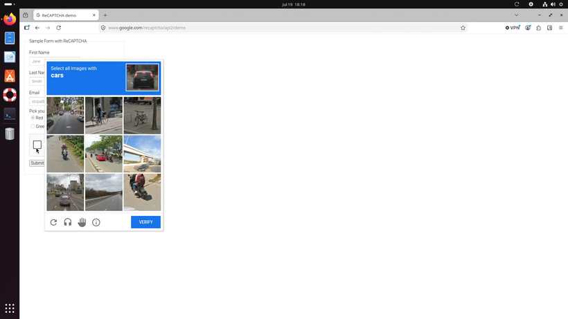 A reCAPTCHA image challenge: select all images with cars, a 3×3 grid of street scenes