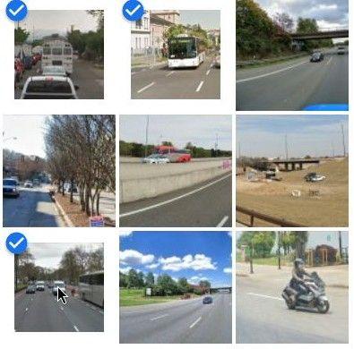 The bus challenge grid with three correct tiles selected — two coaches and a bus on a road
